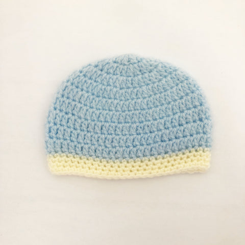 Crochet wool beanie - light blue with yellow trim