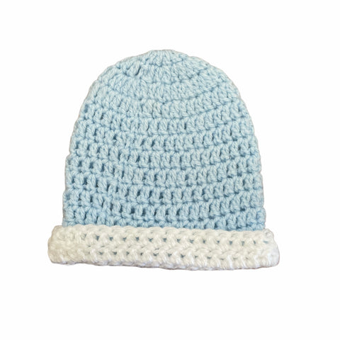 Blue and white fold up crochet beanie - 3-6 months