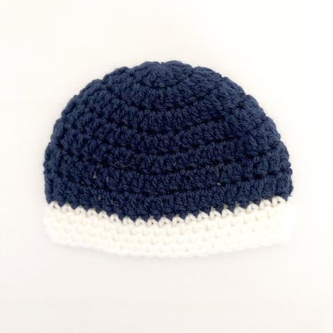 Crochet wool beanie - navy with white trim