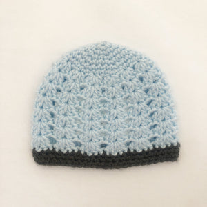 Crochet wool beanie - pastel blue with grey trim