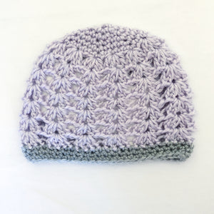 Crochet wool beanie - lilac with grey trim
