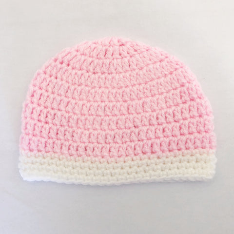 Crochet wool beanie - pink with white trim