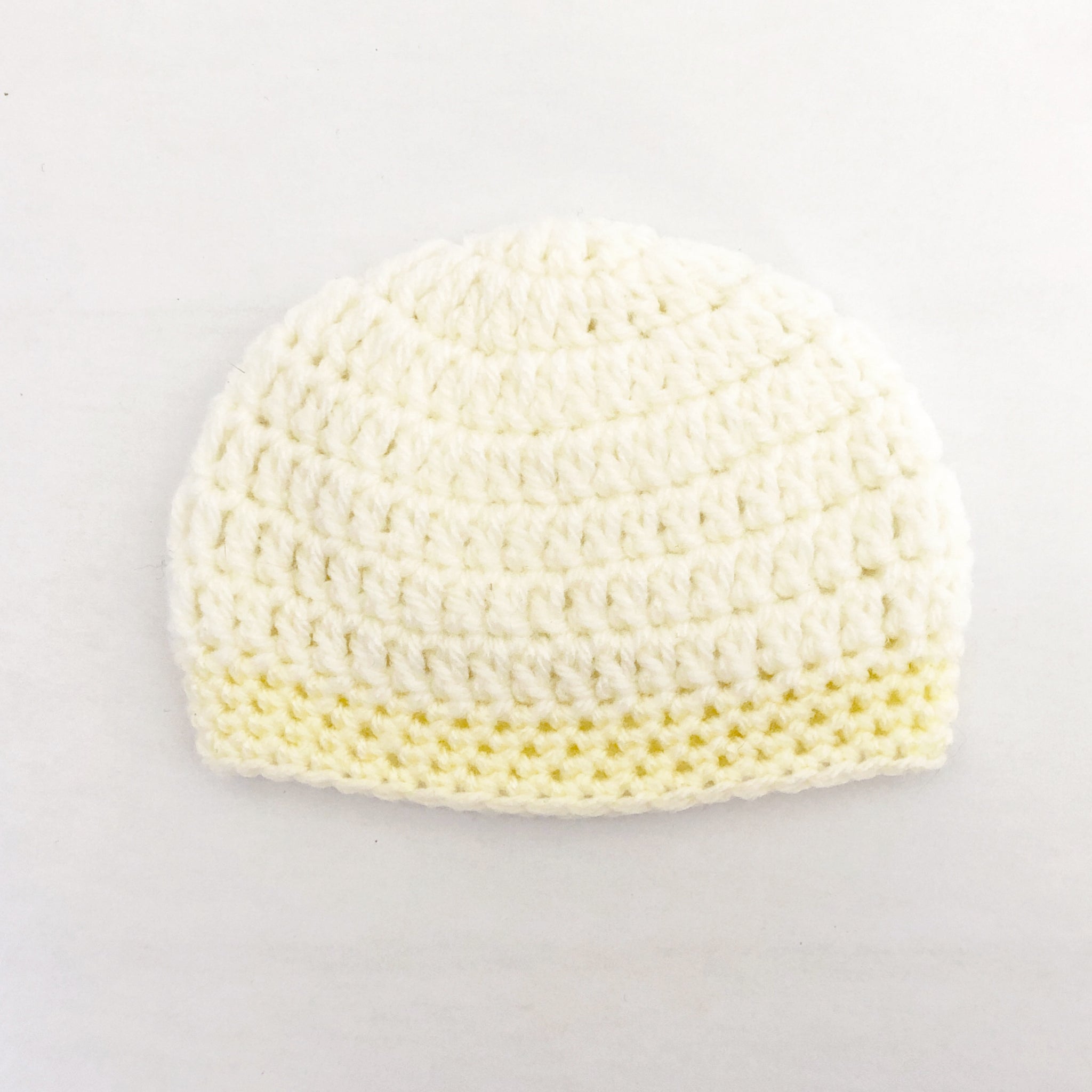 Crochet wool beanie - cream with yellow trim