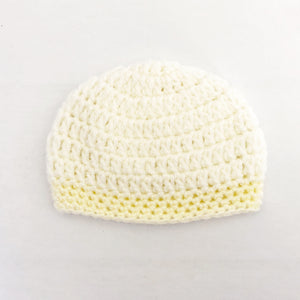 Crochet wool beanie - cream with yellow trim