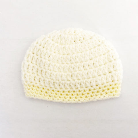 Crochet wool beanie - cream with yellow trim