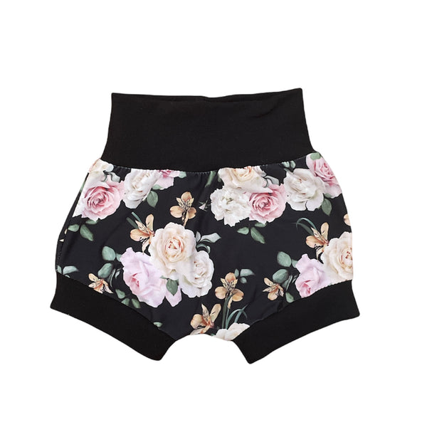 Black floral harem shorts