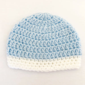 Crochet wool beanie - pastel blue with white trim