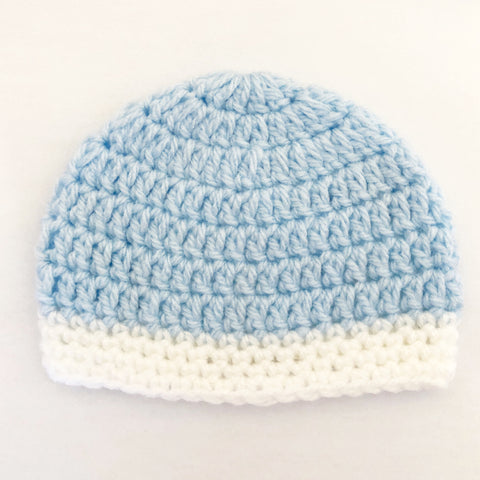 Crochet wool beanie - pastel blue with white trim